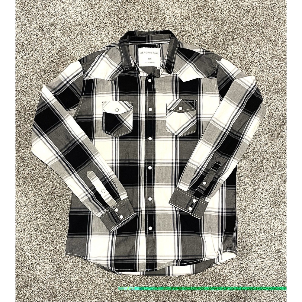 Aeropostale Button Up Shirt Pearl Snap Mens M Black Gray Western Y2K Grunge